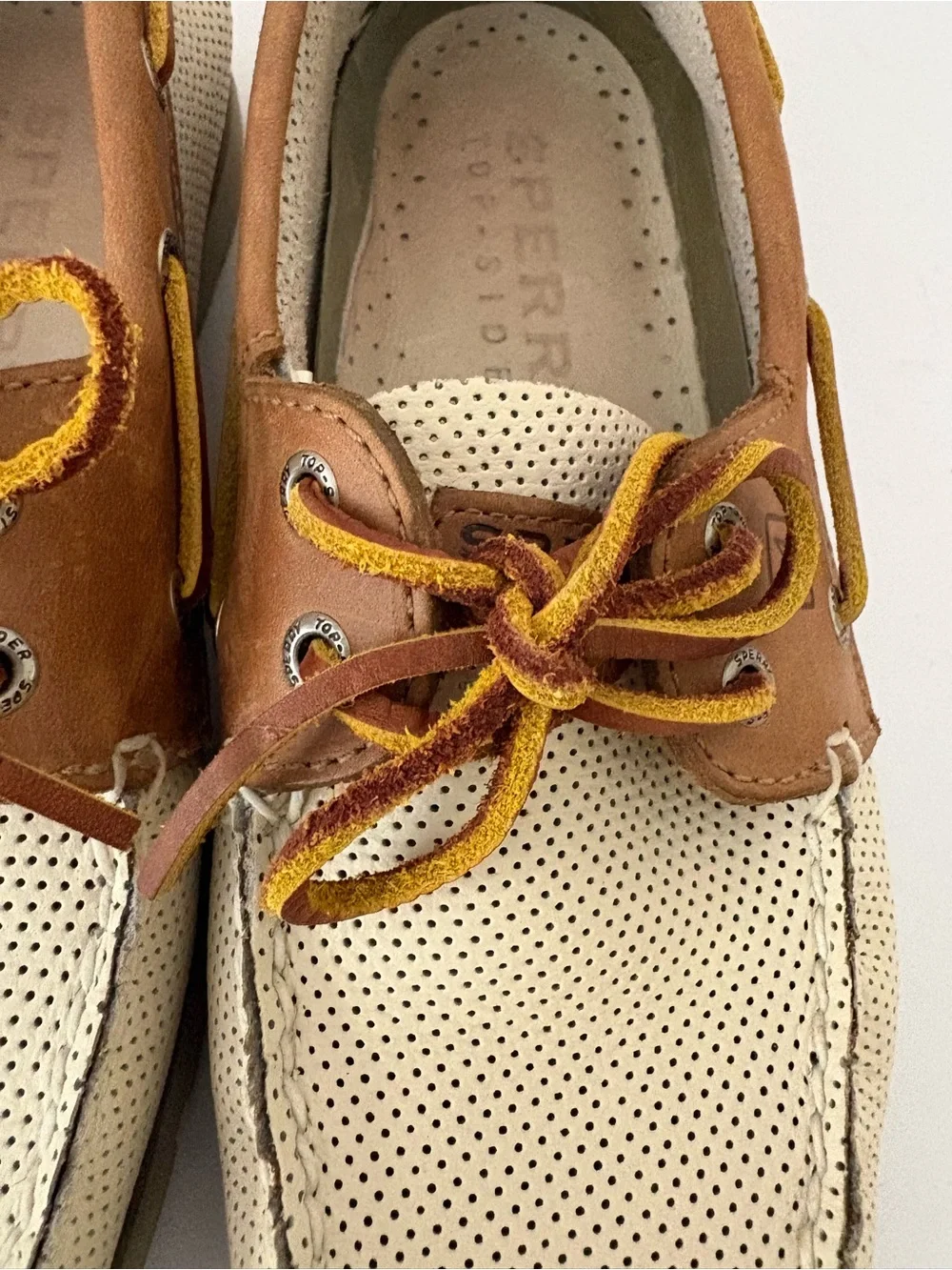Sperry Two-Tone Boat shoes. Perforated cream and tan leather. 2 Eye. Size 8.5M